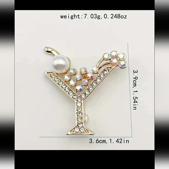 Elegant Gold Cocktail Glass Brooch with Pearl and Crystals - Picture 2 of 4